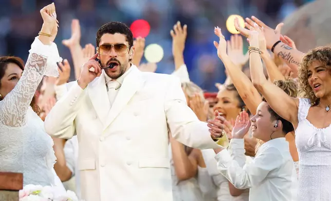 Bad Bunny performs during the halftime show of Super Bowl 60 between the Seattle Seahawks and New England Patriots in Santa Clara, Calif., Sunday, Feb. 8, 2026. (Carlos Avila Gonzalez/San Francisco Chronicle via AP)