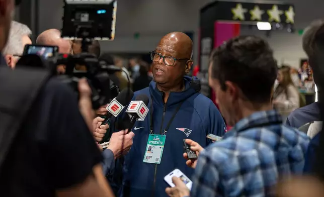 New England Patriots defensive coordinator Terrell Williams speaks to the media during Opening Night on Monday, Feb. 2, 2026, in San Jose, Calif., ahead of the Super Bowl 60 football game between the Seattle Seahawks and the New England Patriots. (Jeff Lewis/AP Content Services for the NFL)
