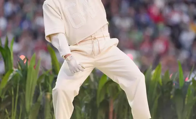 FILE - Bad Bunny performs during halftime of the NFL Super Bowl 60 football game between the New England Patriots and the Seattle Seahawks, Feb. 8, 2026, in Santa Clara, Calif. (AP Photo/Matt Slocum, File)