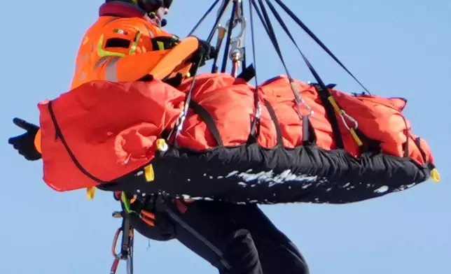 FILE - United States' Lindsey Vonn is airlifted away after a crash during an alpine ski women's downhill race, at the 2026 Winter Olympics, in Cortina d'Ampezzo, Italy, Feb. 8, 2026. (AP Photo/Jacquelyn Martin, File)