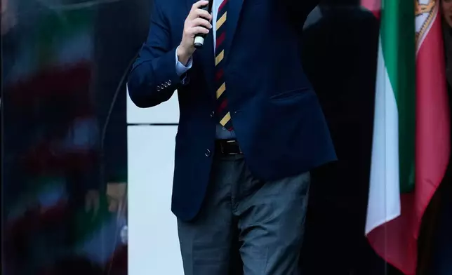 United States Senator Lindsey Graham , SC, speaks to supports of Iran's exiled Crown Prince Reza Pahlavi at a demonstration during the Munich Security Conference in Munich, Germany, Saturday, Feb. 14, 2026. (AP Photo/Ebrahim Noroozi)