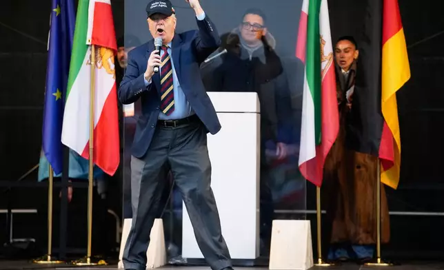 United States Senator Lindsey Graham , SC, speaks to supports of Iran's exiled Crown Prince Reza Pahlavi at a demonstration during the Munich Security Conference in Munich, Germany, Saturday, Feb. 14, 2026. (AP Photo/Ebrahim Noroozi)
