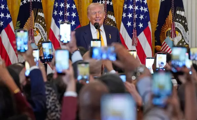 President Donald Trump speaks during a Black History Month event in the East Room of the White House, Wednesday, Feb. 18, 2026, in Washington. (AP Photo/Nathan Howard)