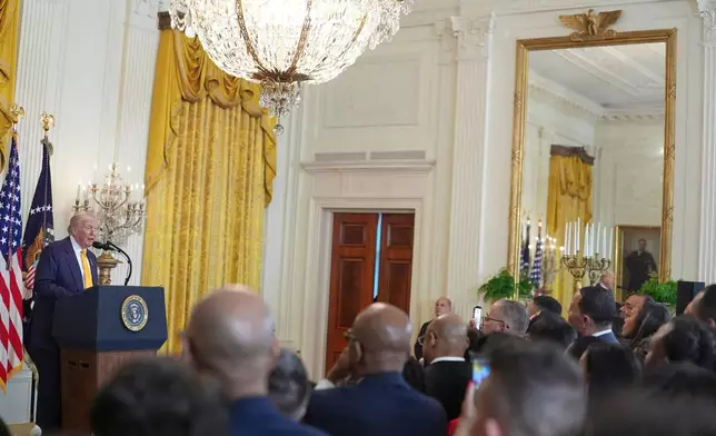President Donald Trump speaks during a Black History Month event in the East Room of the White House, Wednesday, Feb. 18, 2026, in Washington. (AP Photo/Evan Vucci)