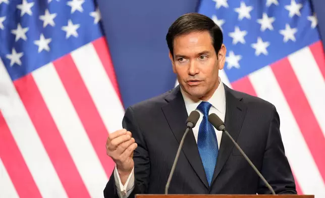 U.S. Secretary of State Marco Rubio speaks during a joint news conference with Hungary's Prime Minister Viktor Orban in Budapest, Hungary, Monday, Feb. 16, 2026. (AP Photo/Alex Brandon, Pool)