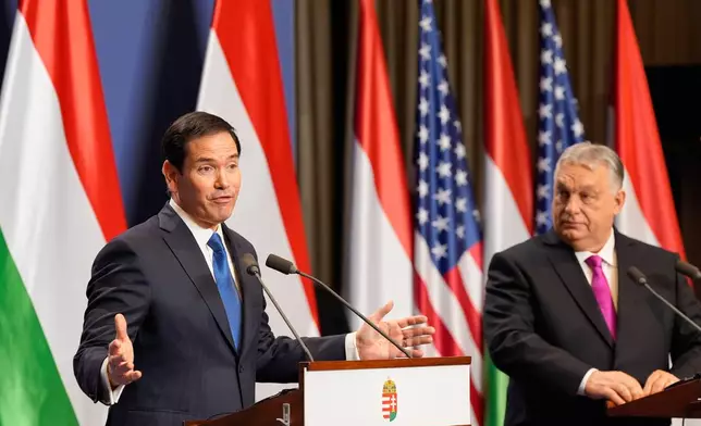 U.S. Secretary of State Marco Rubio, left, and Hungary's Prime Minister Viktor Orban hold a joint news conference in Budapest, Hungary, Monday, Feb. 16, 2026. (AP Photo/Alex Brandon, Pool)