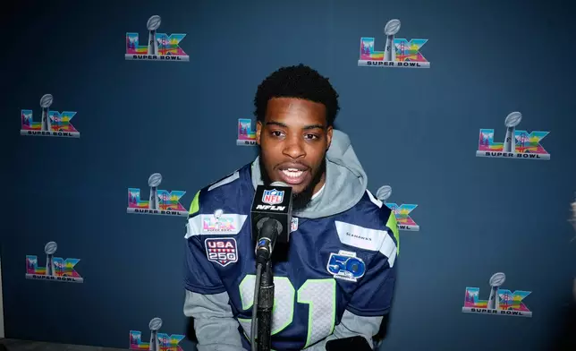 Seattle Seahawks cornerback Devon Witherspoon speaks during a news conference on Wednesday, Feb. 4, 2026, in San Jose, Calif., ahead of Super Bowl 60 between the New England Patriots and the Seattle Seahawks. (AP Photo/Brynn Anderson)