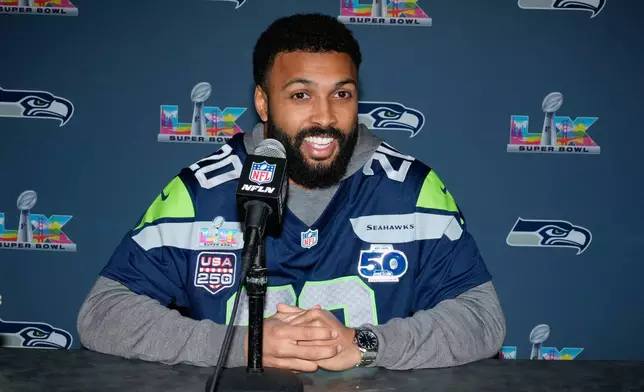 Seattle Seahawks safety Julian Love speaks during a news conference on Wednesday, Feb. 4, 2026, in San Jose, Calif., ahead of Super Bowl 60 between the New England Patriots and the Seattle Seahawks. (AP Photo/Brynn Anderson)