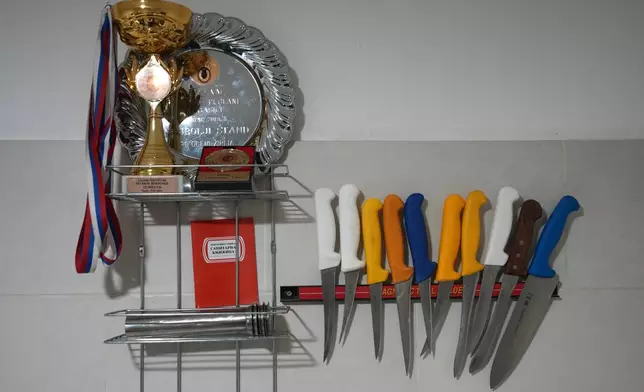 Knives, medals and trophies are seen in Misa Rajic's home in Pirot, Serbia, on Feb. 13, 2026. (AP Photo/Darko Vojinovic)