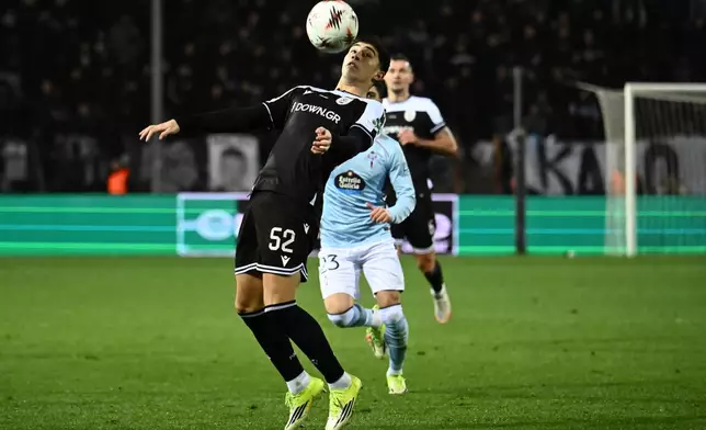 PAOK's Dimitrios Chatsidis controls the ball during a Europa League playoff soccer match between PAOK and Celta de Vigo in Thessaloniki, northern Greece, Thursday, Feb. 19, 2026. (AP Photo/Giannis Papanikos)