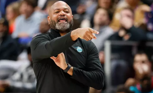 Detroit Pistons head coach J.B. Bickerstaff shouts to his team during the first half of an NBA basketball game against the San Antonio Spurs, Monday, Feb. 23, 2026, in Detroit. (AP Photo/Duane Burleson)