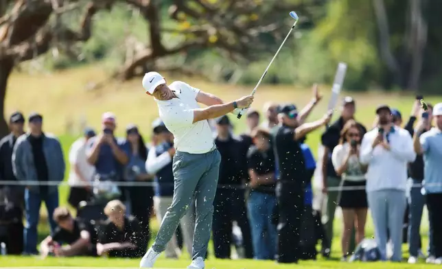 Rory McIlroy, from Northern Ireland, hits from the ninth fairway during the third round of the Genesis Invitational golf tournament at Riviera Country Club, Saturday, Feb. 21, 2026, in the Pacific Palisades area of Los Angeles. (AP Photo/Caroline Brehman )