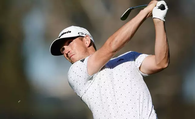 Jacob Bridgeman hits from the 15th fairway during the third round of the Genesis Invitational golf tournament at Riviera Country Club, Saturday, Feb. 21, 2026, in the Pacific Palisades area of Los Angeles. (AP Photo/Caroline Brehman )
