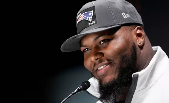 New England Patriots defensive end Milton Williams speaks during the NFL Super Bowl Opening Night, Monday, Feb. 2, 2026, in San Jose, Calif. ahead of the Super Bowl 60 football game between the New England Patriots and the Seattle Seahawks. (AP Photo/Brynn Anderson)
