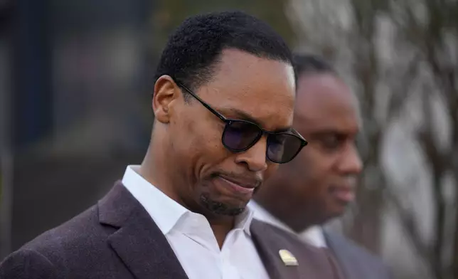 Yusef Jackson speaks during a news conference regarding the death of his father, the Rev. Jesse Jackson, outside the family home Wednesday, Feb. 18, 2026, in Chicago. (AP Photo/Erin Hooley)