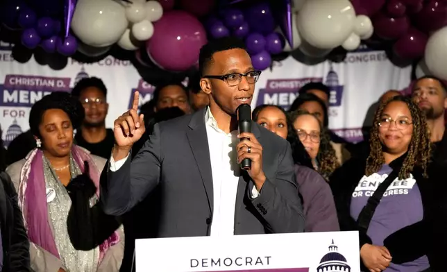 Texas Congressional Candidate Christian Menefee speaks to supporters during his watch party at The Post Houston on Election Day, in Houston, Saturday, Jan. 31, 2026. (AP Photo/ Karen Warren)