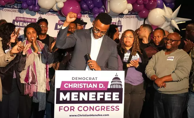 Texas Congressional Candidate Christian Menefee speaks to supporters during his watch party at The Post Houston on Election Day, in Houston, Saturday, Jan. 31, 2026. (AP Photo/ Karen Warren)
