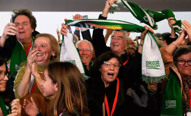 Supporters of the center-left Socialist Party react to the first vote count results during Portugal's presidential election in Lisbon, Sunday, Feb. 8, 2026. (AP Photo/Ana Brigida)