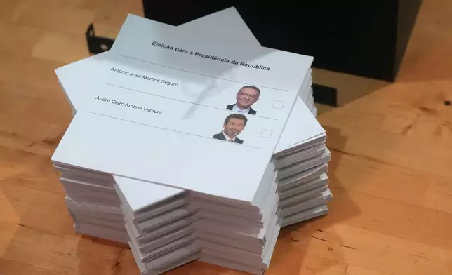 Ballot papers at a polling station during the Portugal's presidential election in Lisbon, Sunday, Feb. 8, 2026. (AP Photo/Ana Brigida)