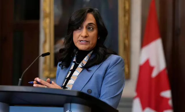 Canada Minister of Foreign Affairs Anita Anand speaks at a news conference regarding the security situation in Mexico, in the Foyer of the House of Commons on Parliament Hill in Ottawa, on Monday, Feb. 23, 2026. (Justin Tang/The Canadian Press via AP)