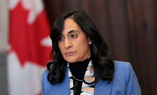 Canada Minister of Foreign Affairs Anita Anand speaks at a news conference regarding the security situation in Mexico, in the Foyer of the House of Commons on Parliament Hill in Ottawa, on Monday, Feb. 23, 2026. (Justin Tang/The Canadian Press via AP)