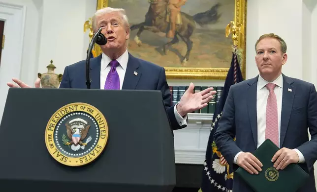 President Donald Trump speaks during an event with Environmental Protection Agency director Lee Zeldin to announce the EPA will no longer regulate greenhouse gases, in the Roosevelt Room of the White House, Thursday, Feb. 12, 2026, in Washington. (AP Photo/Evan Vucci)