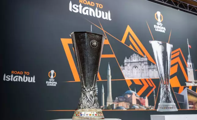 The Europa League trophy is displayed ahead of the UEFA Europa League round of 16, quarter-final, semi-final and final draw, at the UEFA headquarters in Nyon, Switzerland, Friday, Feb. 27, 2026. (Martial Trezzini/Keystone via AP)