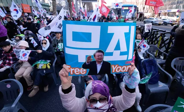 Supporters of former South Korean President Yoon Suk Yeol stage a rally outside of Seoul Central District Court in Seoul, South Korea, Thursday, Feb. 19, 2026. (AP Photo/Ahn Young-joon)