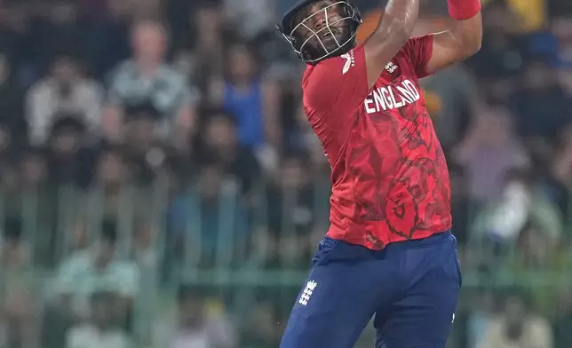 England's Rehan Ahmed hits a six during the T20 World Cup cricket match between England and New Zealand in Colombo, Sri Lanka, Friday, Feb. 27, 2026. (AP Photo/Eranga Jayawardena)