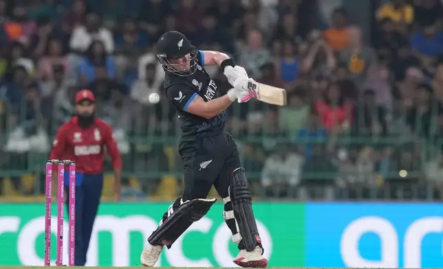 New Zealand's Tim Seifert plays a shot during the T20 World Cup cricket match between England and New Zealand in Colombo, Sri Lanka, Friday, Feb. 27, 2026. (AP Photo/Eranga Jayawardena)