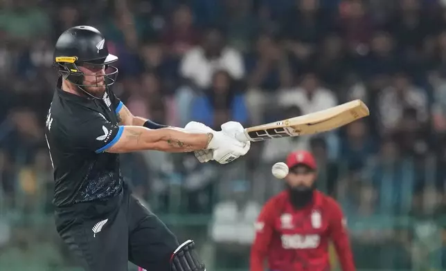 New Zealand's Finn Allen plays a shot during the T20 World Cup cricket match between England and New Zealand in Colombo, Sri Lanka, Friday, Feb. 27, 2026. (AP Photo/Eranga Jayawardena)