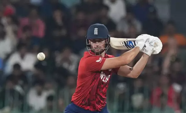 England's Will Jacks plays a shot during the T20 World Cup cricket match between England and New Zealand in Colombo, Sri Lanka, Friday, Feb. 27, 2026. (AP Photo/Eranga Jayawardena)