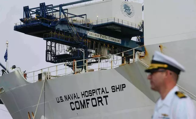 FILE - The U.S. Navy hospital ship USNS Comfort docks at the Cristobal port, operated by the Panama Ports Company, in Colon, Panama, Sunday, June 29, 2025. (AP Photo/Matias Delacroix, File)