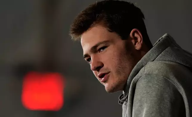 New England Patriots quarterback Drake Maye talks to the media during a news conference Thursday, Feb. 5, 2026, in Santa Clara, Calif., ahead of the Super Bowl 60 NFL football game between the New England Patriots and the Seattle Seahawks. (AP Photo/Charlie Riedel)