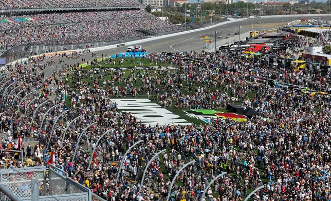 during the NASCAR Daytona 500 auto race at Daytona International Speedway, Sunday, Feb. 15, 2026, in Daytona Beach, Fla. (AP Photo/David Graham)