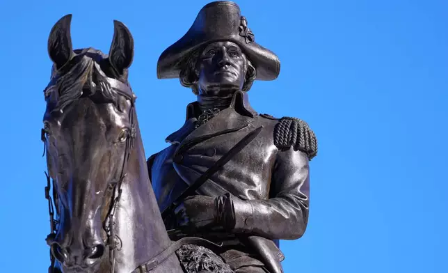 A statue of George Washington on horseback is displayed at the Public Garden, Friday, Feb. 13, 2026, in Boston. (AP Photo/Charles Krupa)