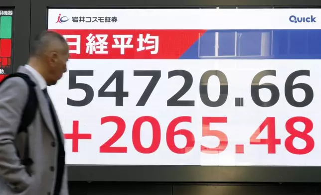 A person walks in front of an electronic stock board at a securities firm in Tokyo Tuesday, Feb. 3, 2026. (Masanori Kumagai/Kyodo News via AP)