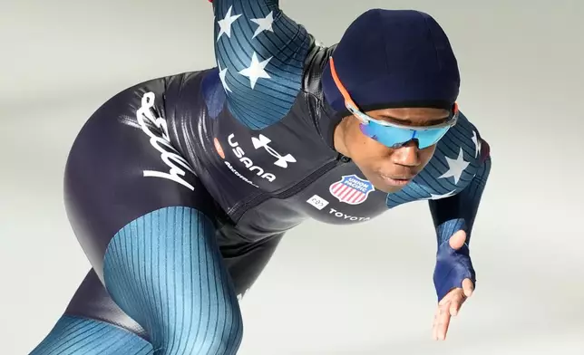 FILE - Erin Jackson of United States competes during the women's 500 meters at the World Cup speedskating event in Inzell Germany, Jan. 25, 2026. (AP Photo/Matthias Schrader, File)