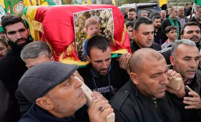 Mourners carry the coffins of the child Ali Jaber, 4 who was killed with his father policeman Hassan, 38, during their funeral procession in Yanouh village, south Lebanon, Tuesday, Feb. 10, 2026. (AP Photo/Mohammed Zaatari)