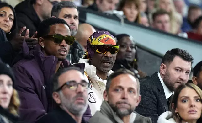 Swansea City co-owner Snoop Dogg in the stands during the English Championship soccer match between Swansea City and Preston in Swansea, Wales, Tuesday, Feb. 24, 2026. (Jacob King/PA via AP)