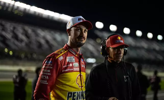 Joey Logano watches the leader board during NASCAR Daytona 500 qualifying, Wednesday, Feb. 11, 2026, in Daytona, Fla. (AP Photo/Mike Stewart)