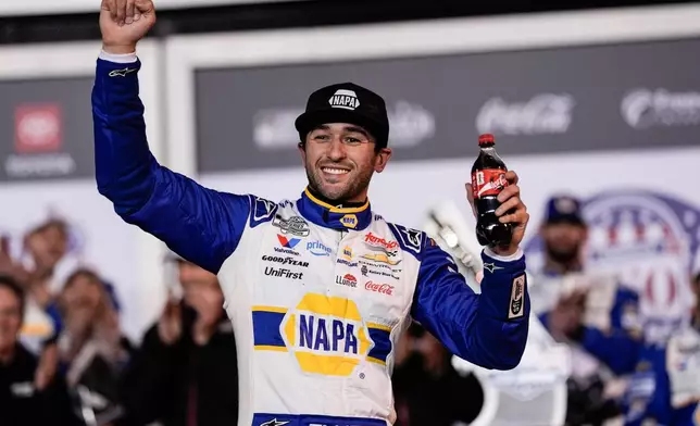 Chase Elliott celebrates winning the second of two NASCAR Daytona 500 qualifying auto races at Daytona International Speedway, Thursday, Feb. 12, 2026, in Daytona Beach, Fla. (AP Photo/Mike Stewart)