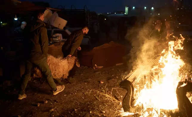 Palestinians carry a sheep past a bonfire at a livestock market near Balata refugee camp on the outskirts of the West Bank city of Nablus, Thursday, Feb. 12, 2026. (AP Photo/Leo Correa)