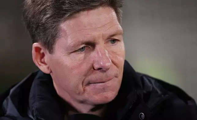 Crystal Palace's head coach Oliver Glasner walks onto the pitch before Europa Conference League play-off soccer match between Zrinjski and Crystal Palace in Mostar, Bosnia and Herzegovina, Thursday, Feb. 19, 2026. AP Photo/Armin Durgut)