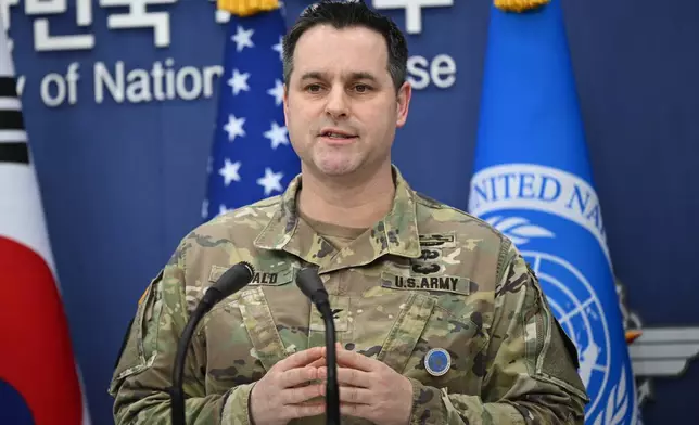 U.S. Army Col. Ryan Donald, public affairs director of the United Nations Command, Combined Forces Command, and United States Forces Korea, speaks during a media briefing on the 2026 ROK-US Freedom Shield Military Exercise at the Defense Ministry in Seoul, South Korea, Wednesday, Feb. 25, 2026. (Jung Yeon-je/Pool Photo via AP)