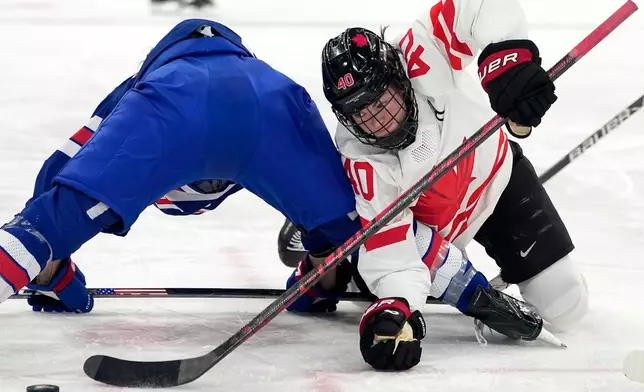 Canada's Blayre Turnbull (40) is in action during a women's ice hockey gold medal game between the United States and Canada at the 2026 Winter Olympics, in Milan, Italy, Thursday, Feb. 19, 2026. (AP Photo/Hassan Ammar)