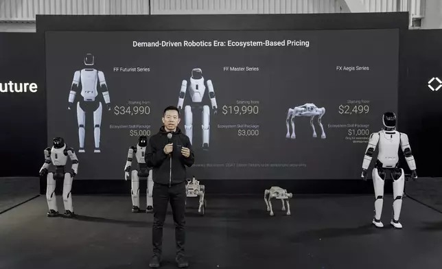YT Jia, Founder and Global Co-CEO at FF, Speaks to the Audience as Faraday Future Launches Three Series of Robot Products in Las Vegas at the Annual NADA Show, Aiming to Become the First U.S. Company to Deliver Both Humanoid and Bionic Robots.