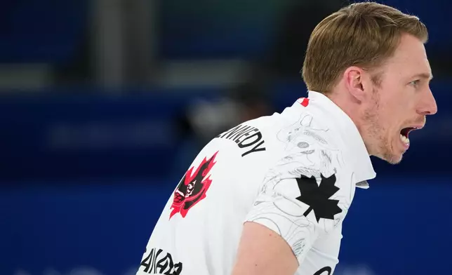 Canada's Marc Kennedy reacts during a men's curling gold medal match between Britain and Canada, at the 2026 Winter Olympics, in Cortina d'Ampezzo, Italy, Saturday, Feb. 21, 2026. (AP Photo/Misper Apawu)