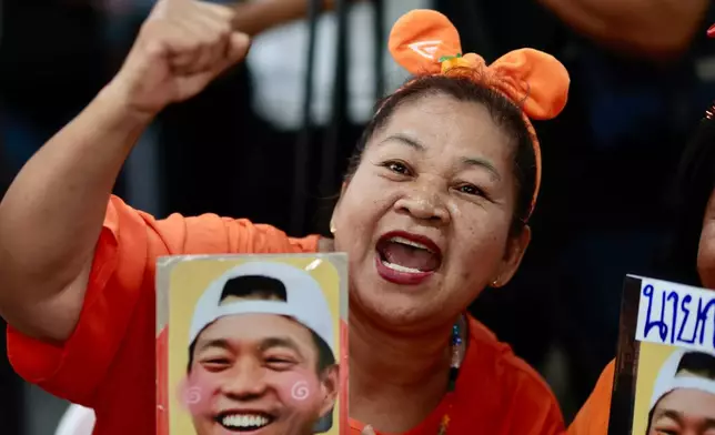 Supporters of the People's Party gesture as they gather at party headquarter for the result of the general election in Bangkok, Sunday, Feb. 8, 2026. (AP Photo/Wason Wanichakorn)