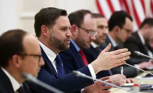Vice President JD Vance participates in a bilateral meeting with Armenia's Prime Minister Nikol Pashinyan, not pictured, at the President's Residence, in Yerevan, Armenia, Monday, Feb. 9, 2026. (Kevin Lamarque/Pool Photo via AP)